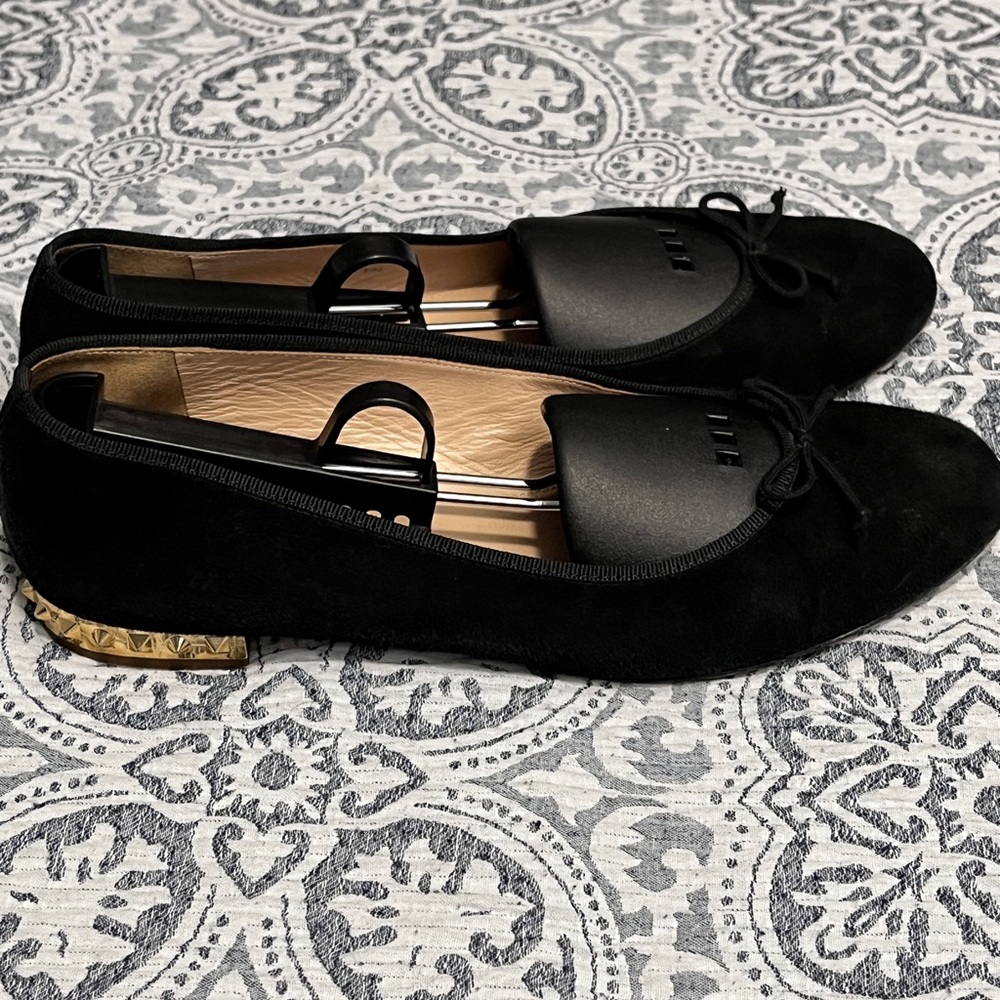 J. Crew Black Suede Ballet Flat Gold Stud Heel 9.5